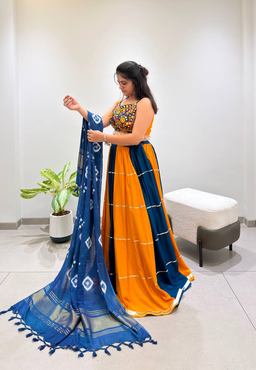 Blue and Mustard Rayon Gotta Patti Lehenga Choli, view 4
