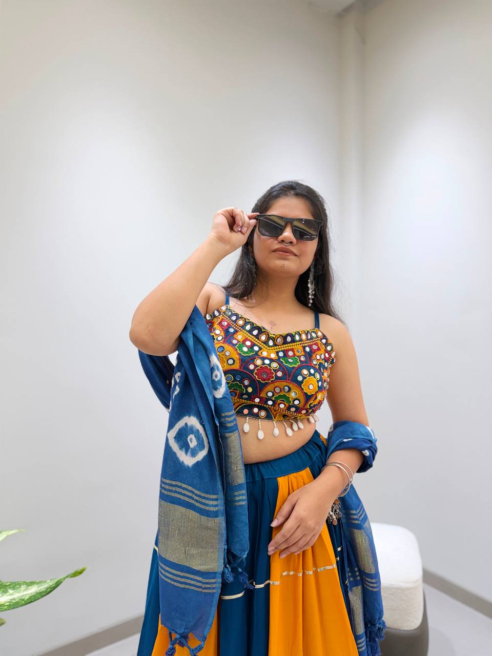 Blue and Mustard Rayon Gotta Patti Lehenga Choli, view 6