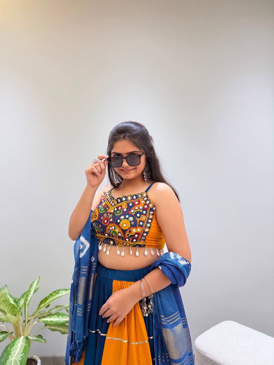 Blue and Mustard Rayon Gotta Patti Lehenga Choli, view 7