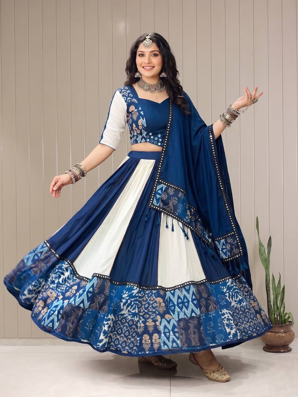 Navy Blue and White Printed Muslin Gotta Patti Lehenga Choli