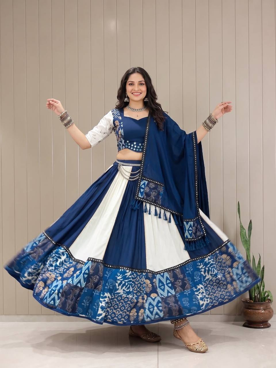 Navy Blue and White Printed Muslin Gotta Patti Lehenga Choli, view 2