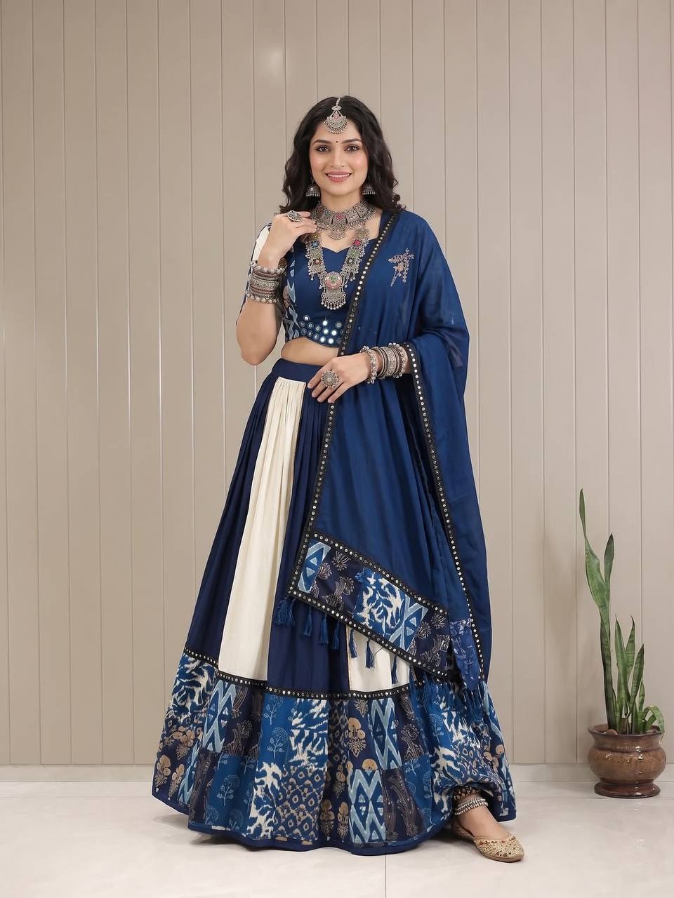 Navy Blue and White Printed Muslin Gotta Patti Lehenga Choli, view 3