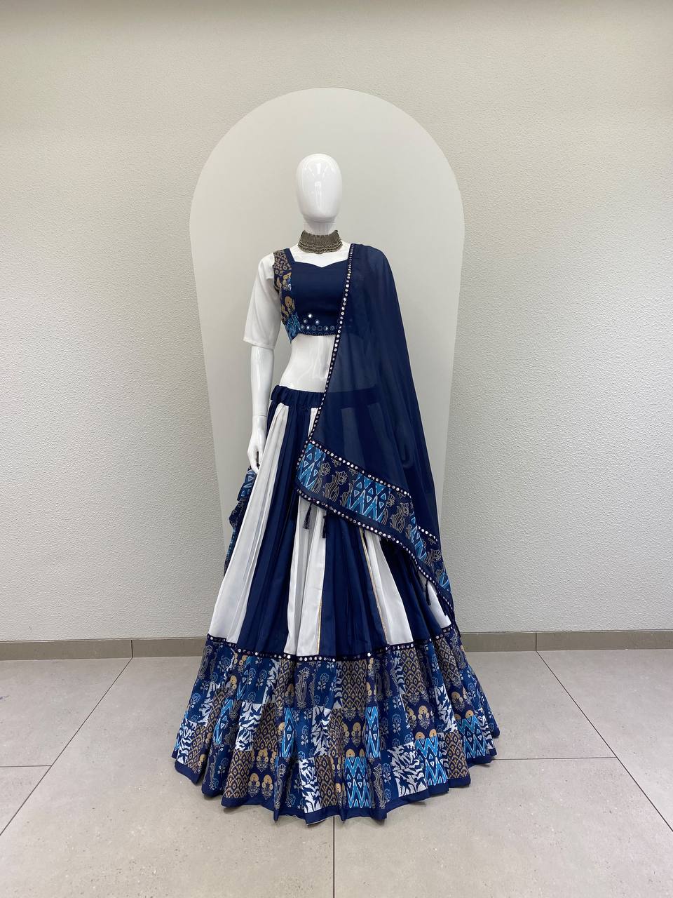 Navy Blue and White Printed Muslin Gotta Patti Lehenga Choli, view 4