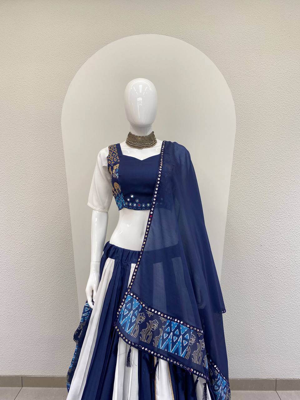 Navy Blue and White Printed Muslin Gotta Patti Lehenga Choli, view 5
