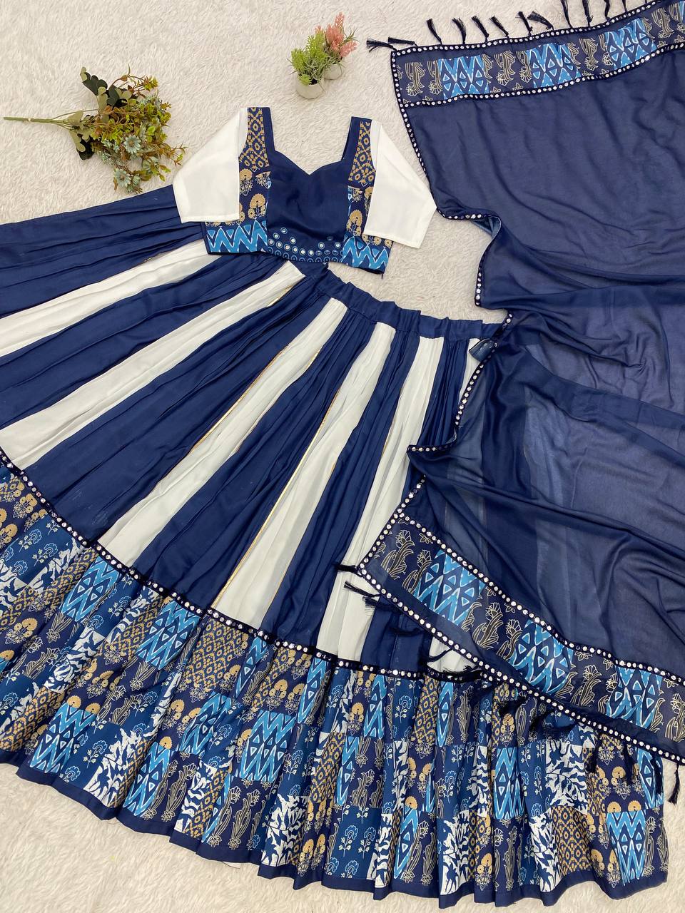 Navy Blue and White Printed Muslin Gotta Patti Lehenga Choli, view 6