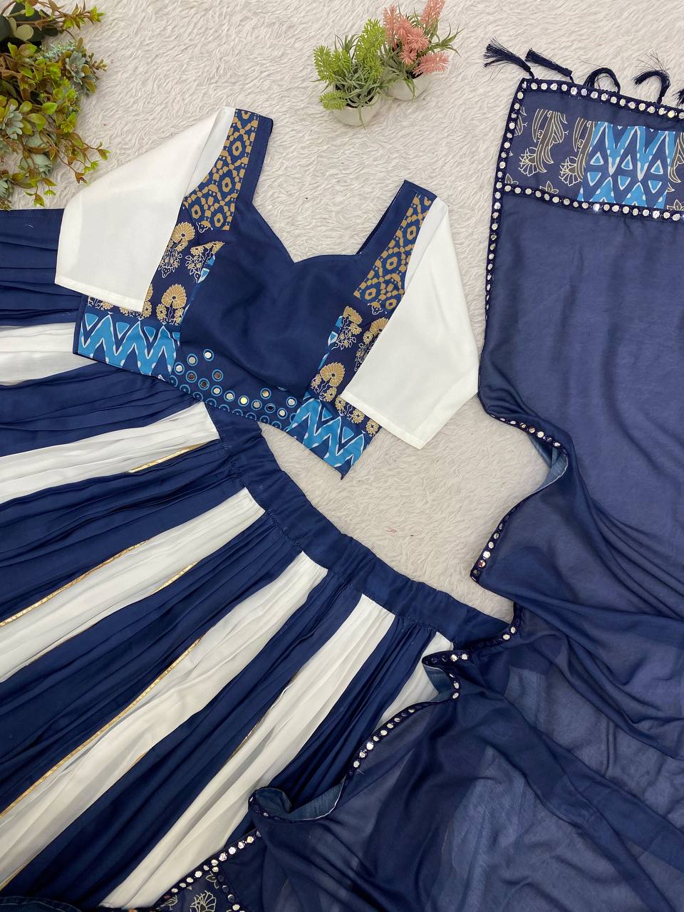 Navy Blue and White Printed Muslin Gotta Patti Lehenga Choli, view 7