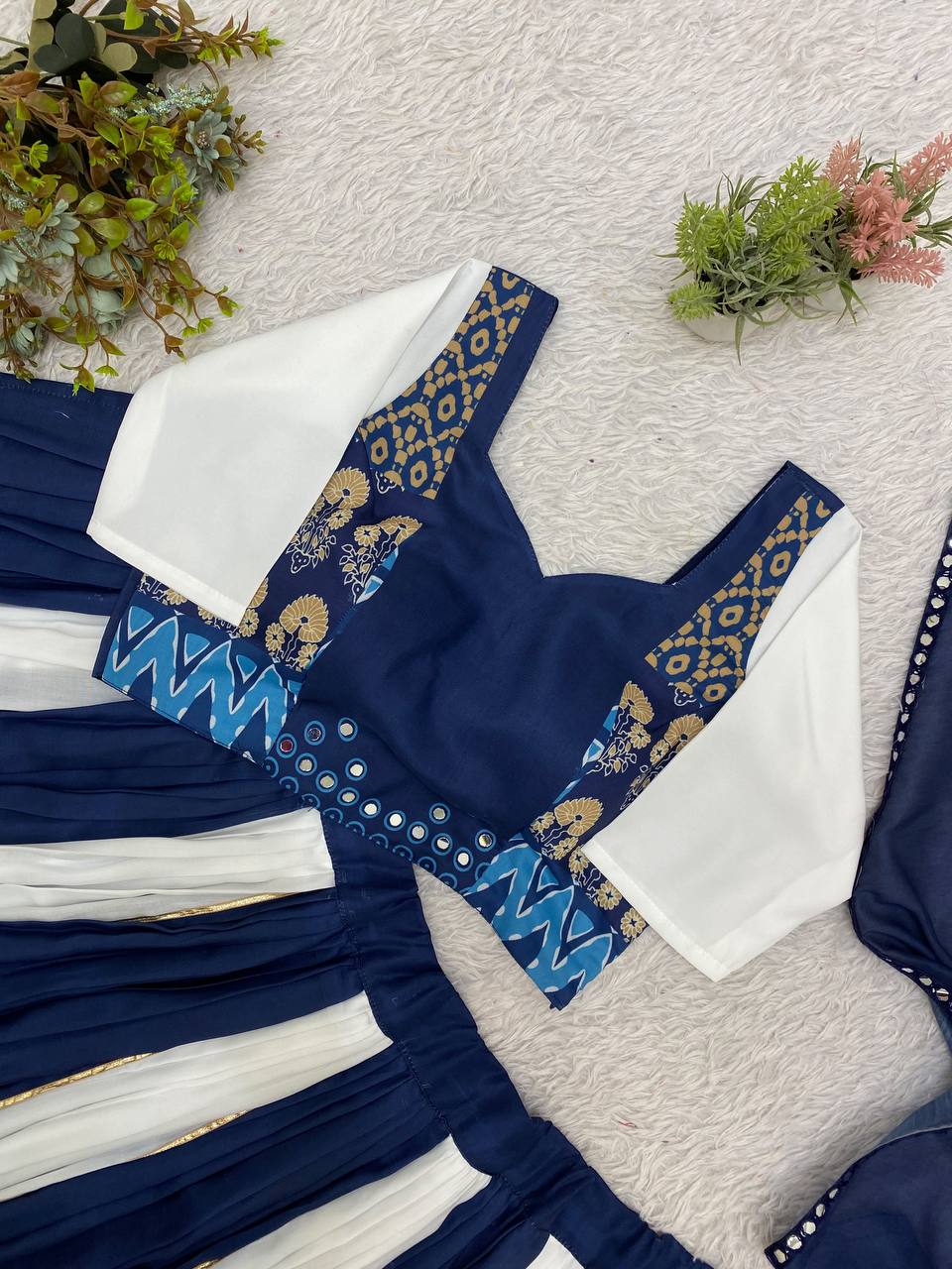 Navy Blue and White Printed Muslin Gotta Patti Lehenga Choli, view 8