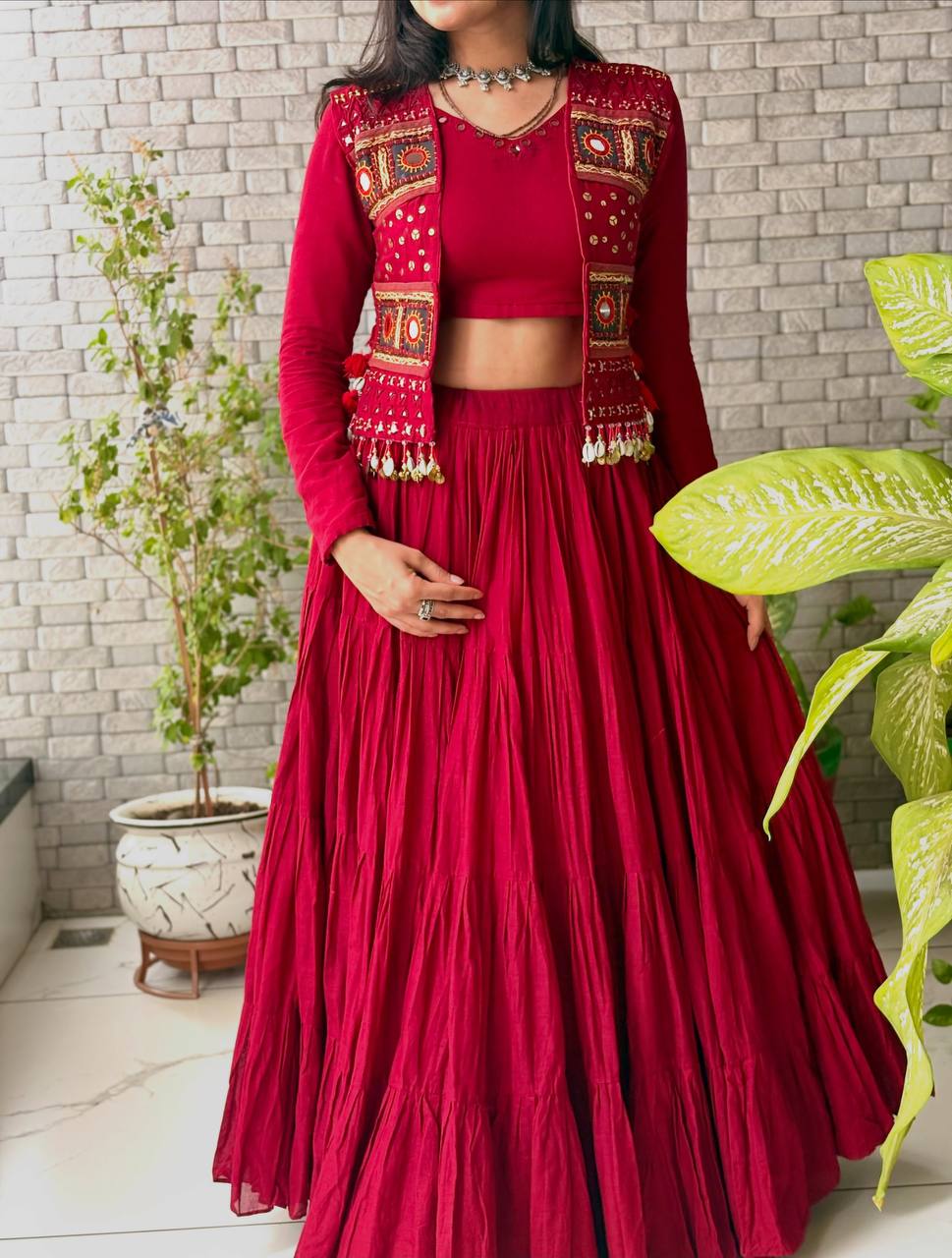 Rani Pink Cora Cotton Mirror Work Lehenga Choli