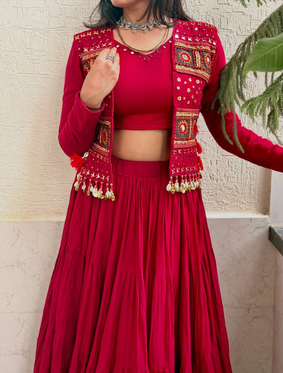 Rani Pink Cora Cotton Mirror Work Lehenga Choli, view 2