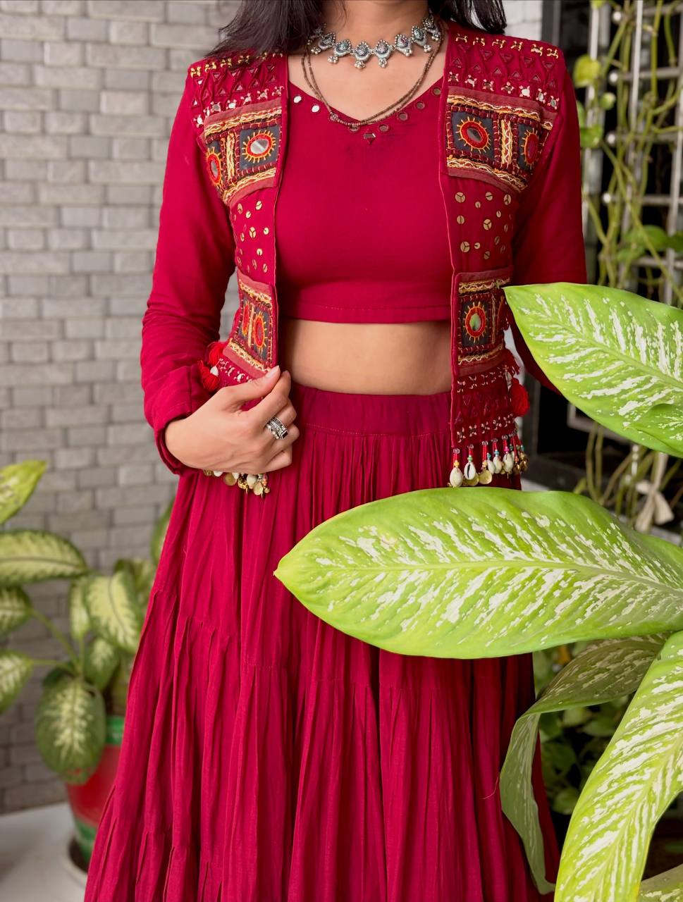 Rani Pink Cora Cotton Mirror Work Lehenga Choli, view 4
