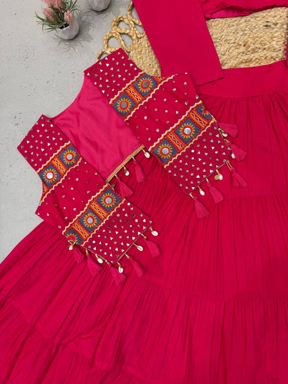 Rani Pink Cora Cotton Mirror Work Lehenga Choli, view 5