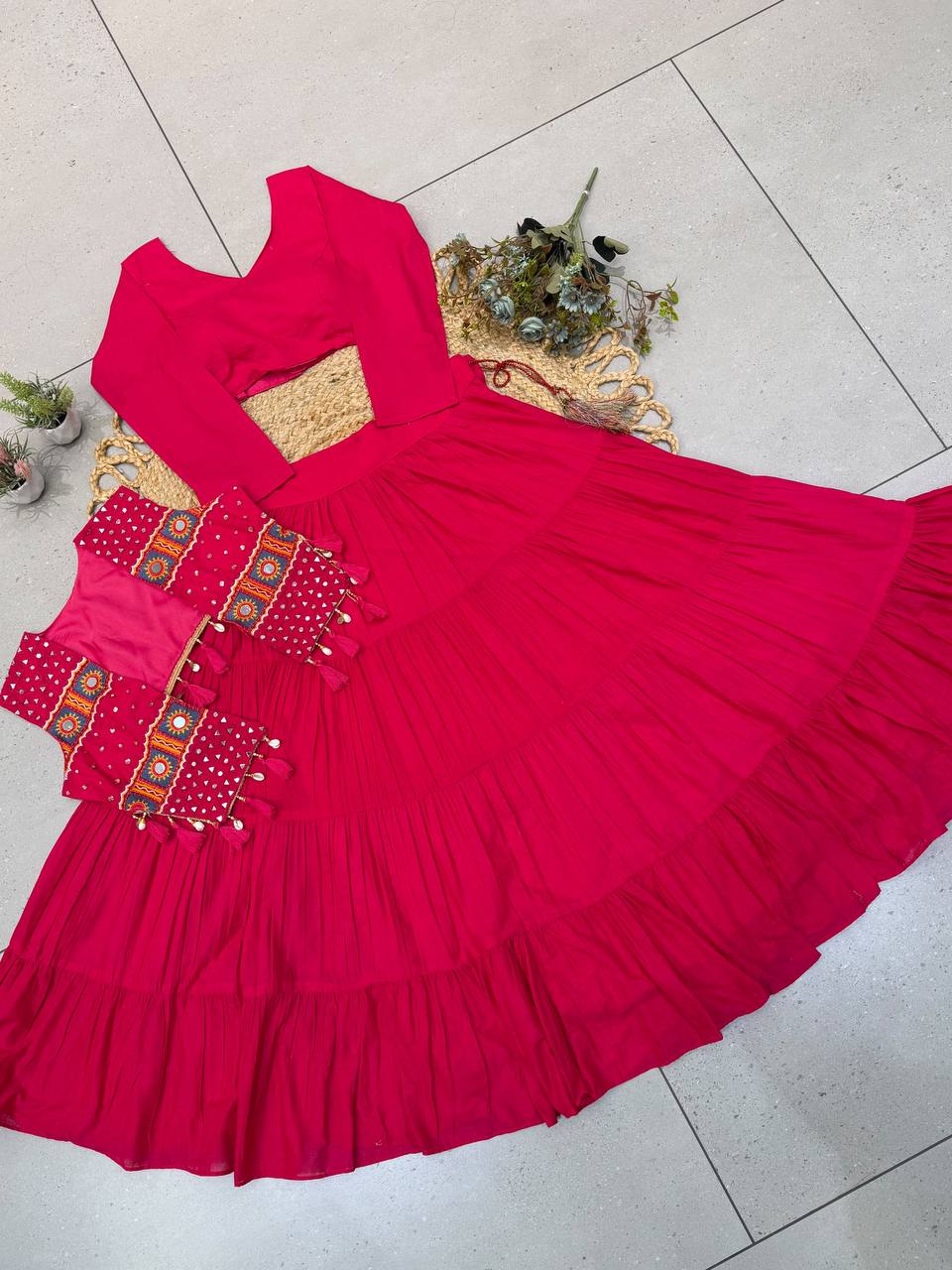 Rani Pink Cora Cotton Mirror Work Lehenga Choli, view 6