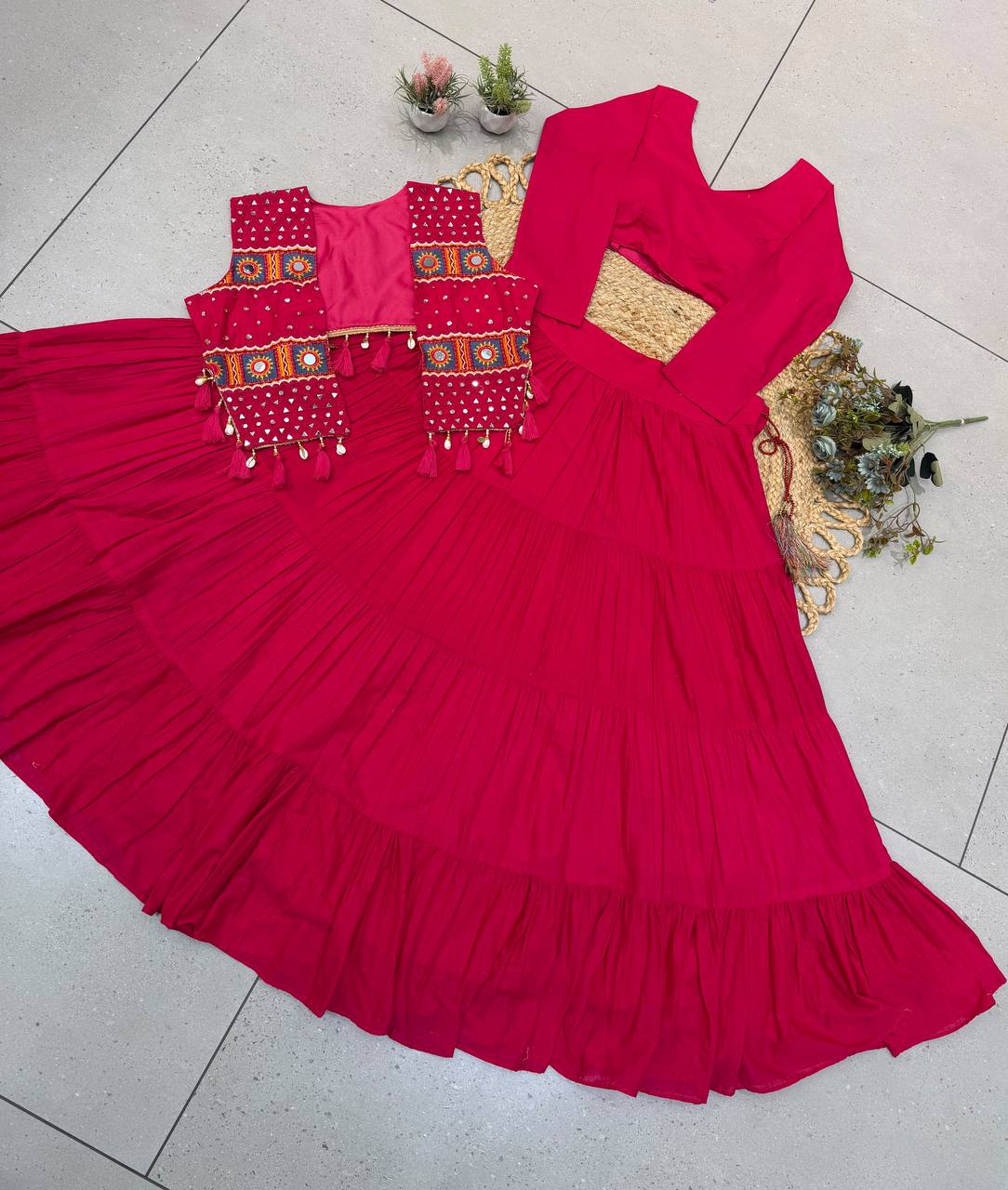 Rani Pink Cora Cotton Mirror Work Lehenga Choli, view 7
