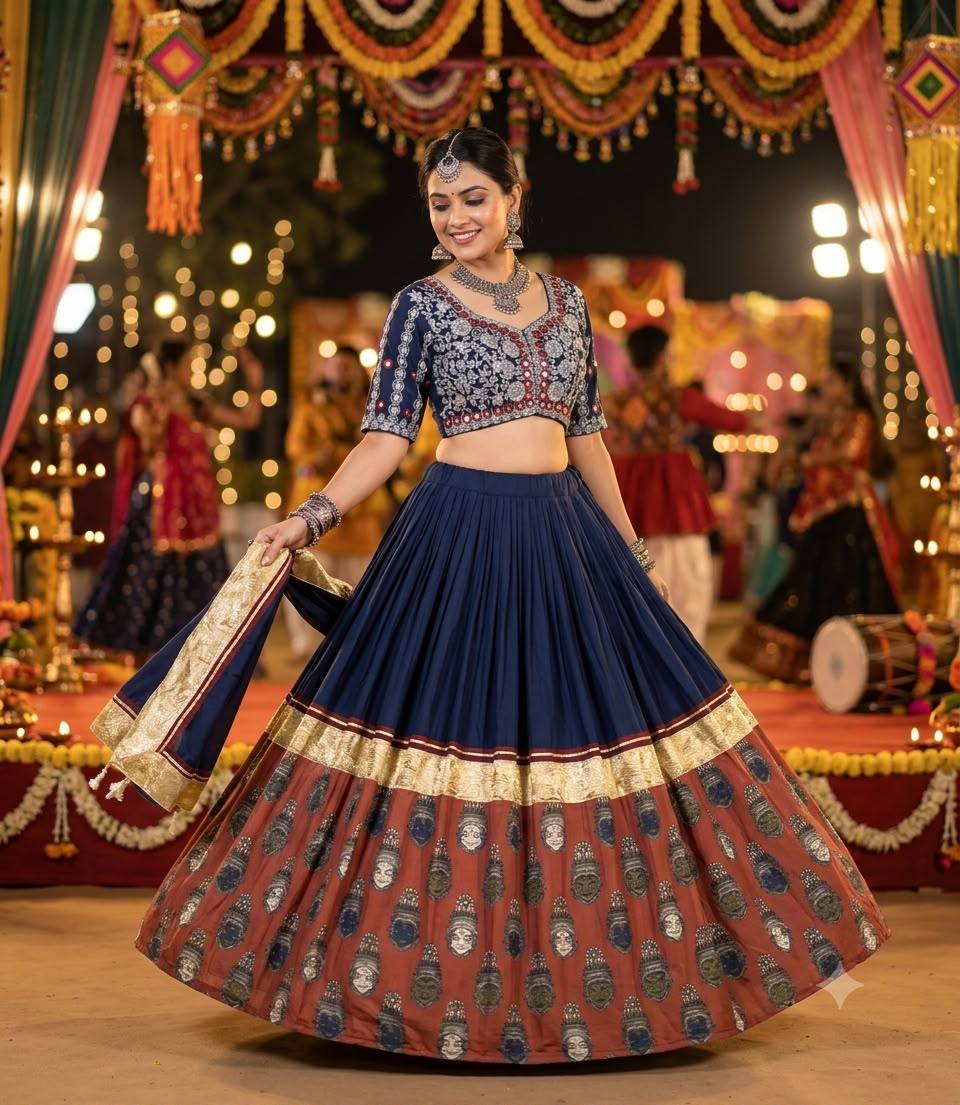 Navy Blue Printed Rayon Gotta Patti Lehenga Choli