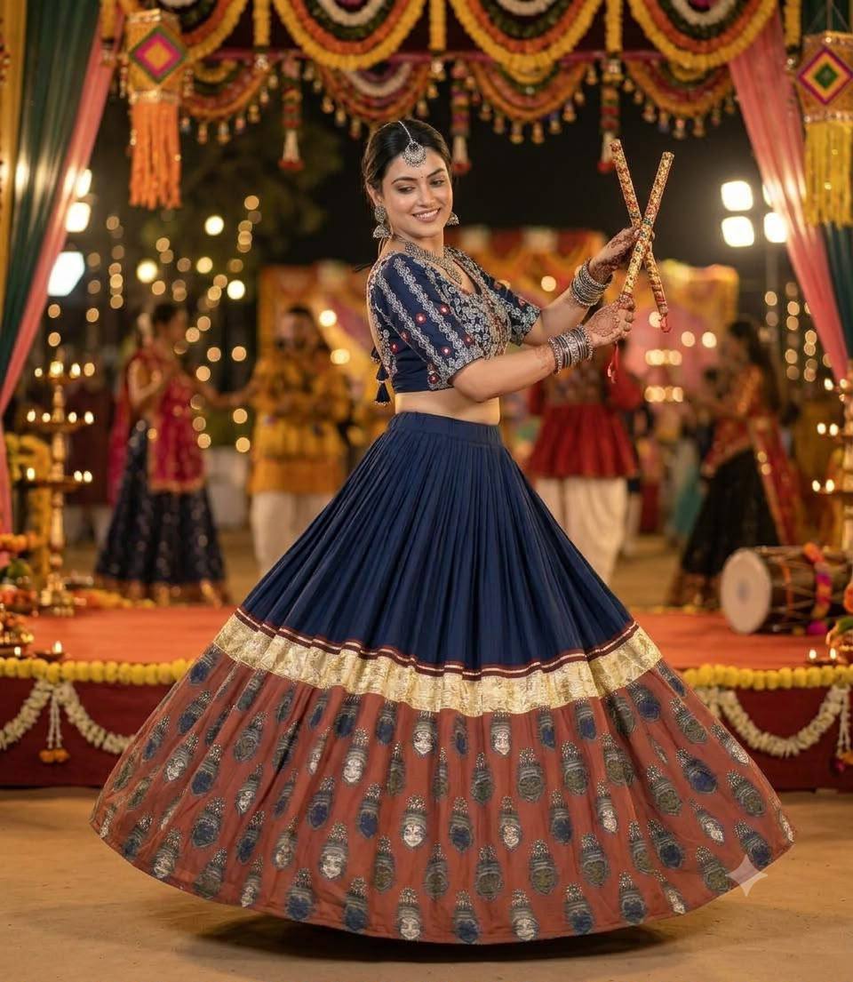 Navy Blue Printed Rayon Gotta Patti Lehenga Choli, view 2