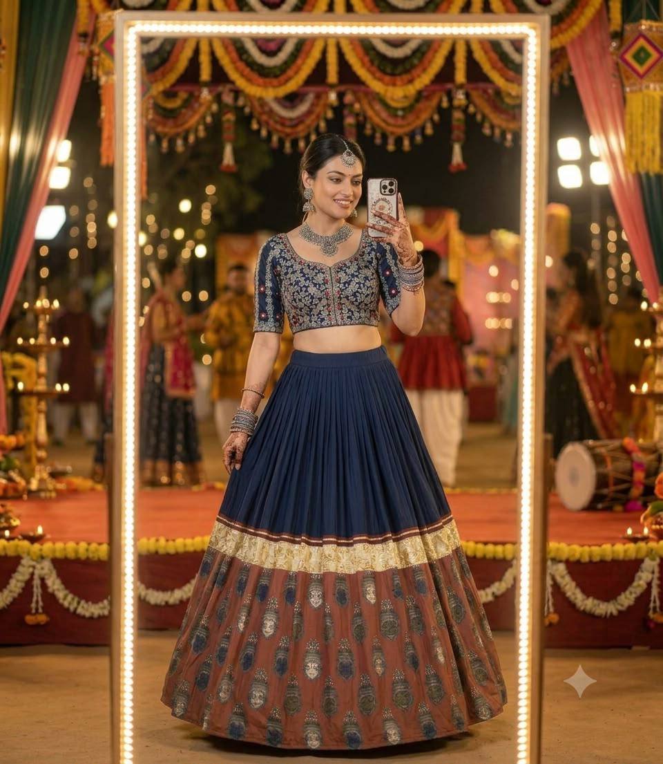 Navy Blue Printed Rayon Gotta Patti Lehenga Choli, view 3
