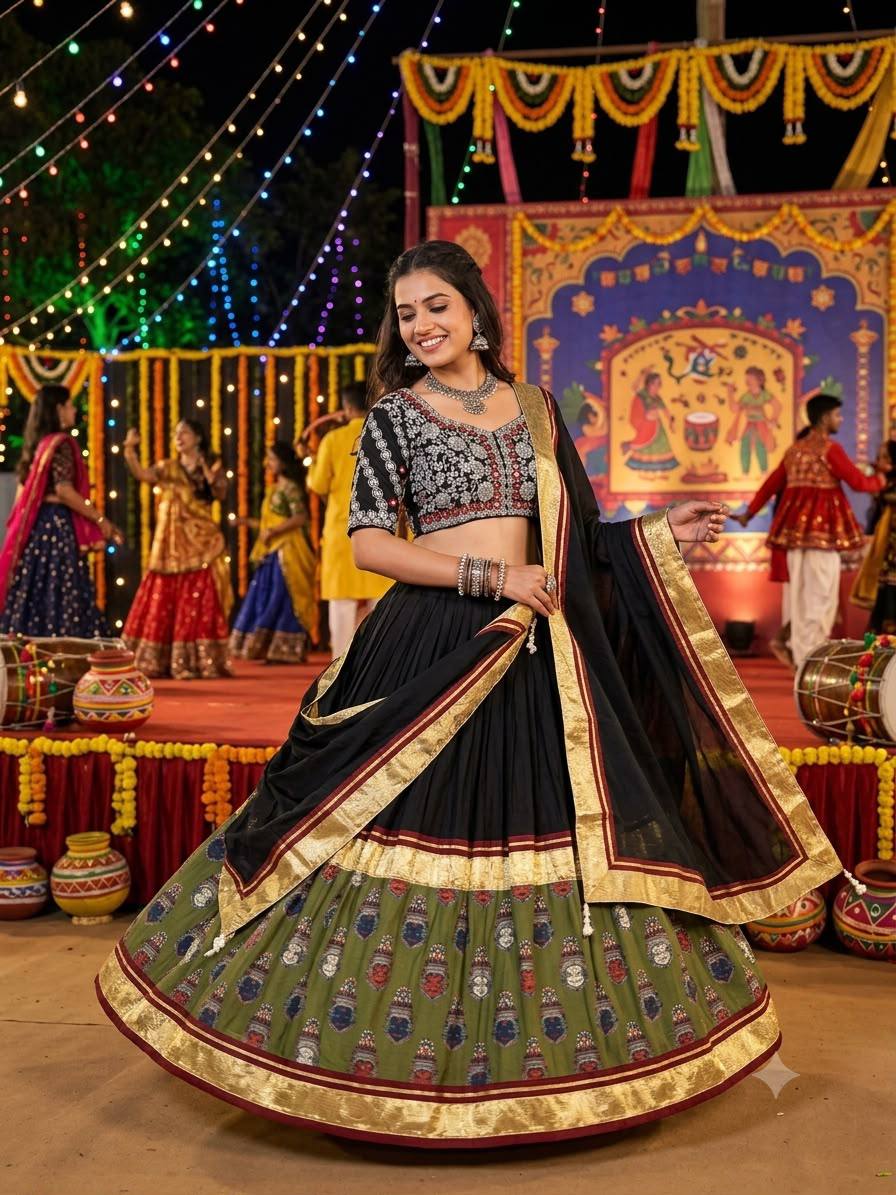 Black and Green Printed Rayon Gotta Patti Lehenga Choli