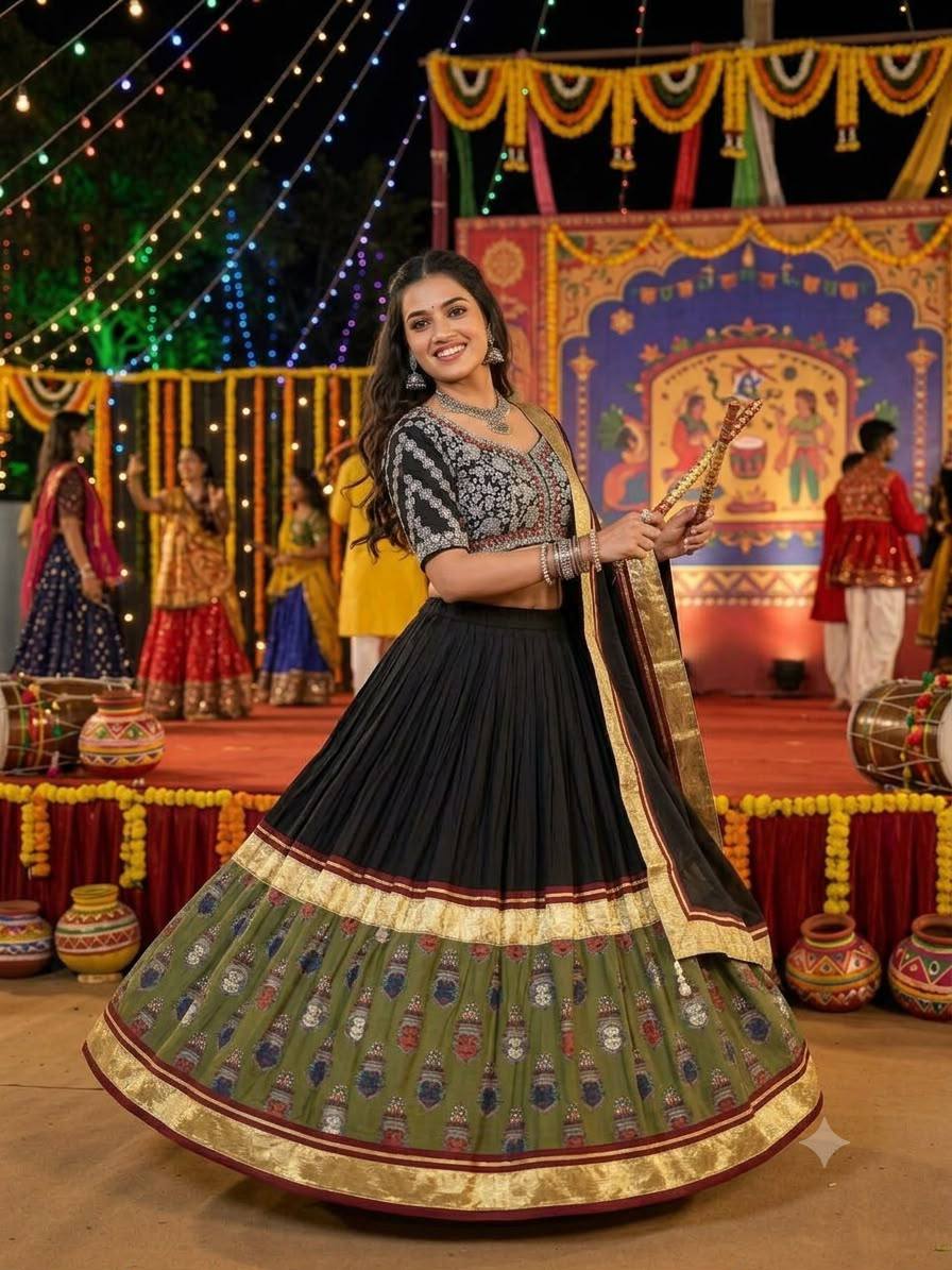Black and Green Printed Rayon Gotta Patti Lehenga Choli, view 2