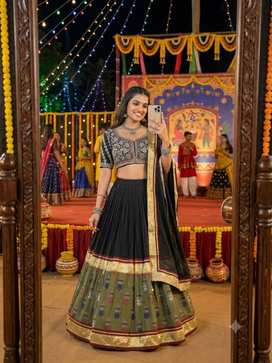 Black and Green Printed Rayon Gotta Patti Lehenga Choli, view 3
