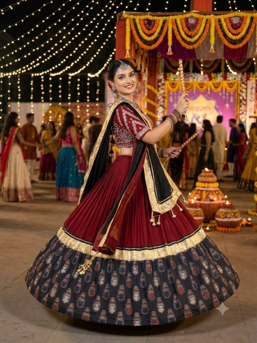 Maroon Printed Rayon Gotta Patti Lehenga Choli, view 2