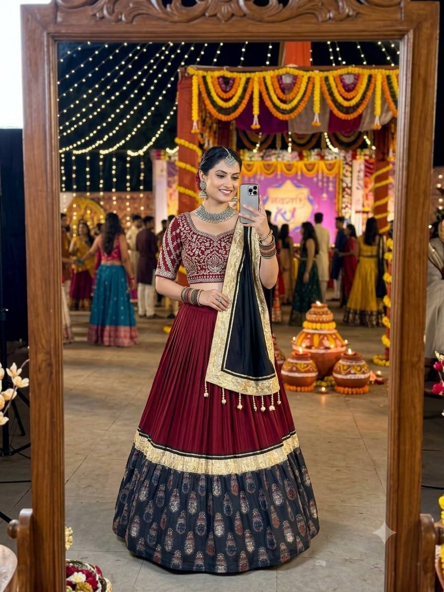 Maroon Printed Rayon Gotta Patti Lehenga Choli, view 3