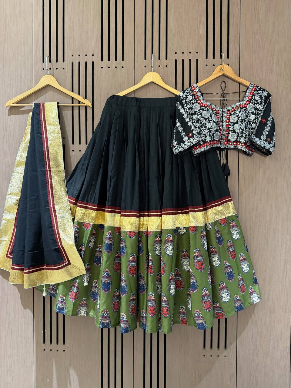 Black and Green Printed Rayon Gotta Patti Lehenga Choli, view 4