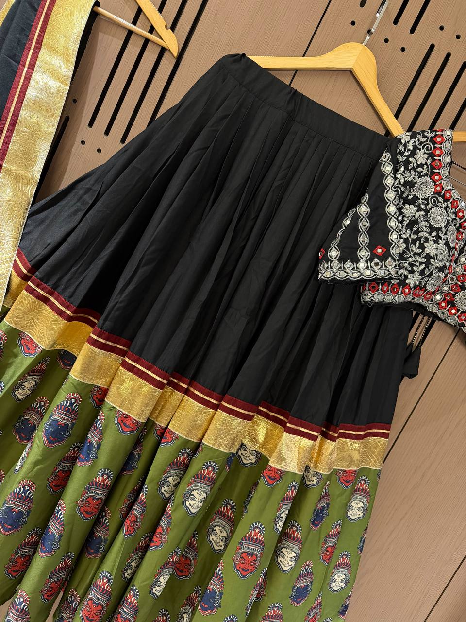 Black and Green Printed Rayon Gotta Patti Lehenga Choli, view 5
