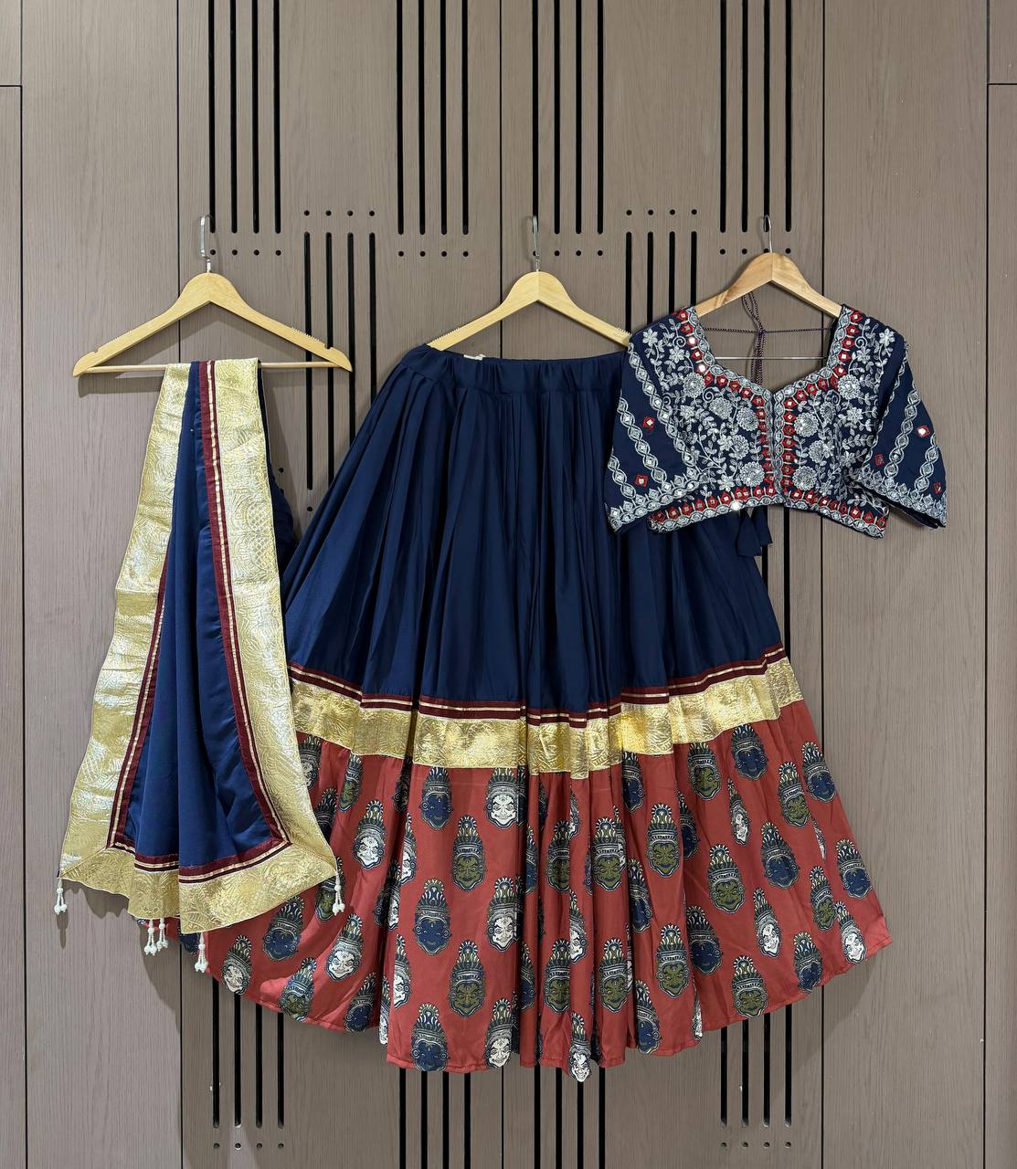 Navy Blue Printed Rayon Gotta Patti Lehenga Choli, view 4