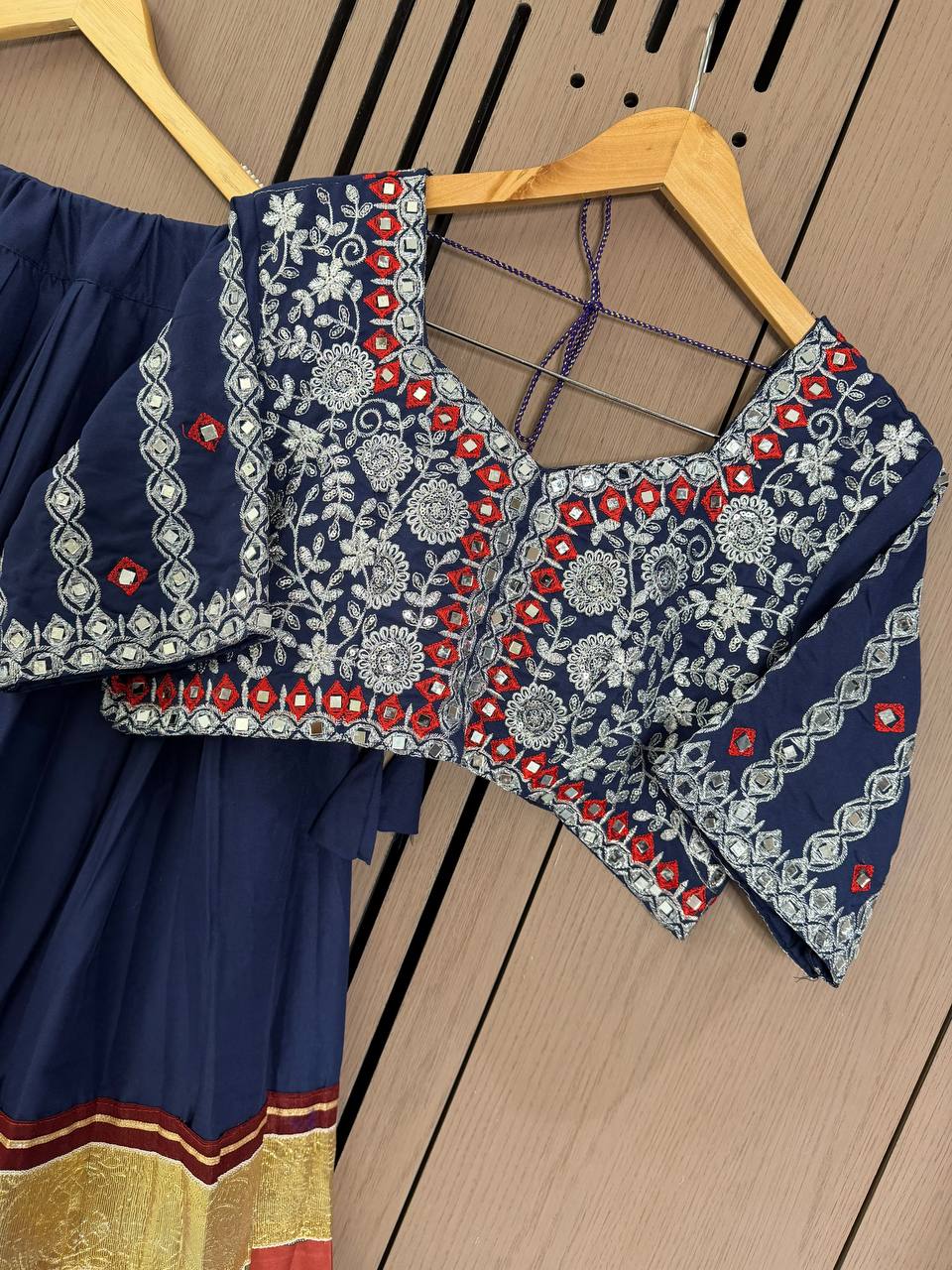 Navy Blue Printed Rayon Gotta Patti Lehenga Choli, view 6