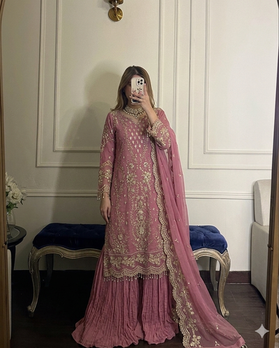 Onion Pink Georgette Kurta Palazzo Set