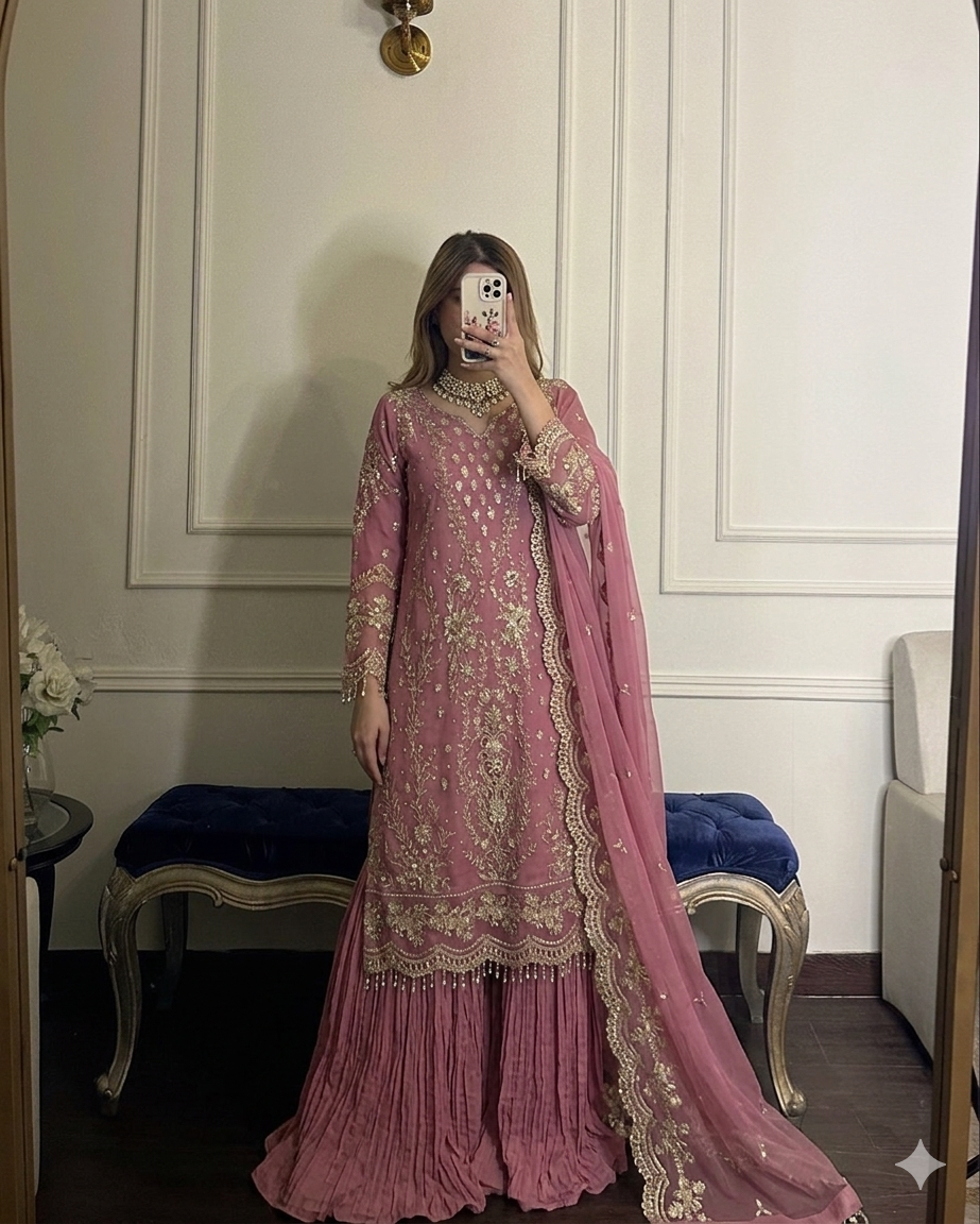Onion Pink Georgette Kurta Palazzo Set