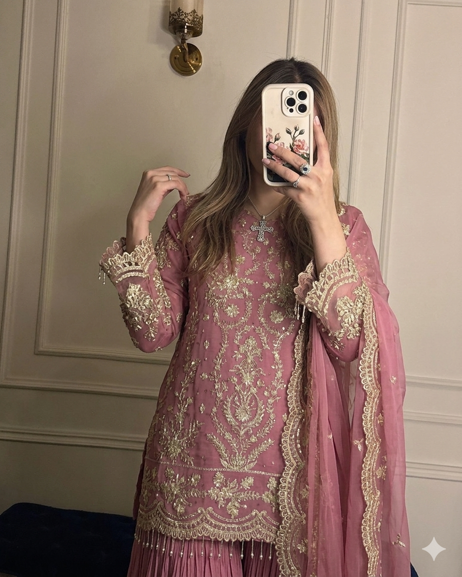 Onion Pink Georgette Kurta Palazzo Set