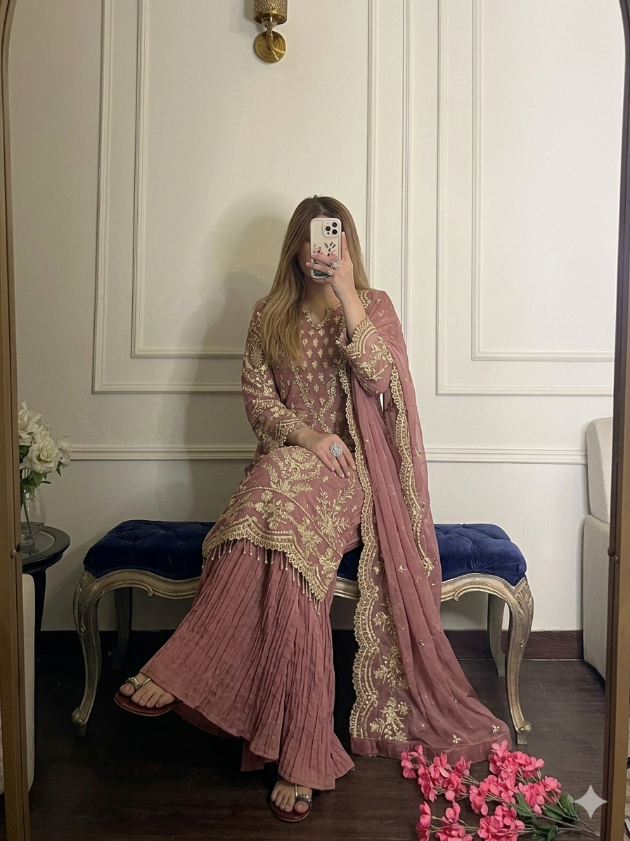 Onion Pink Georgette Kurta Palazzo Set, view 3