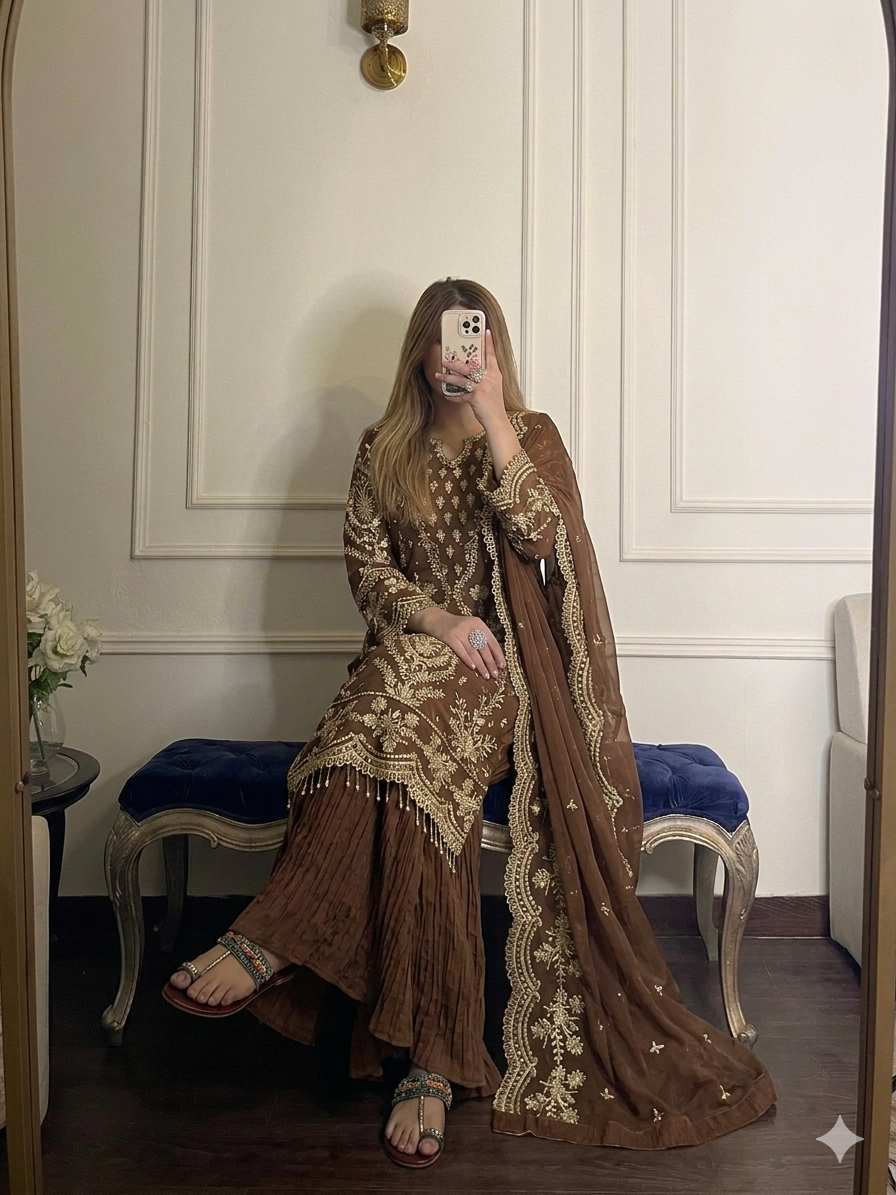 Brown Georgette Kurta Palazzo Set, view 2