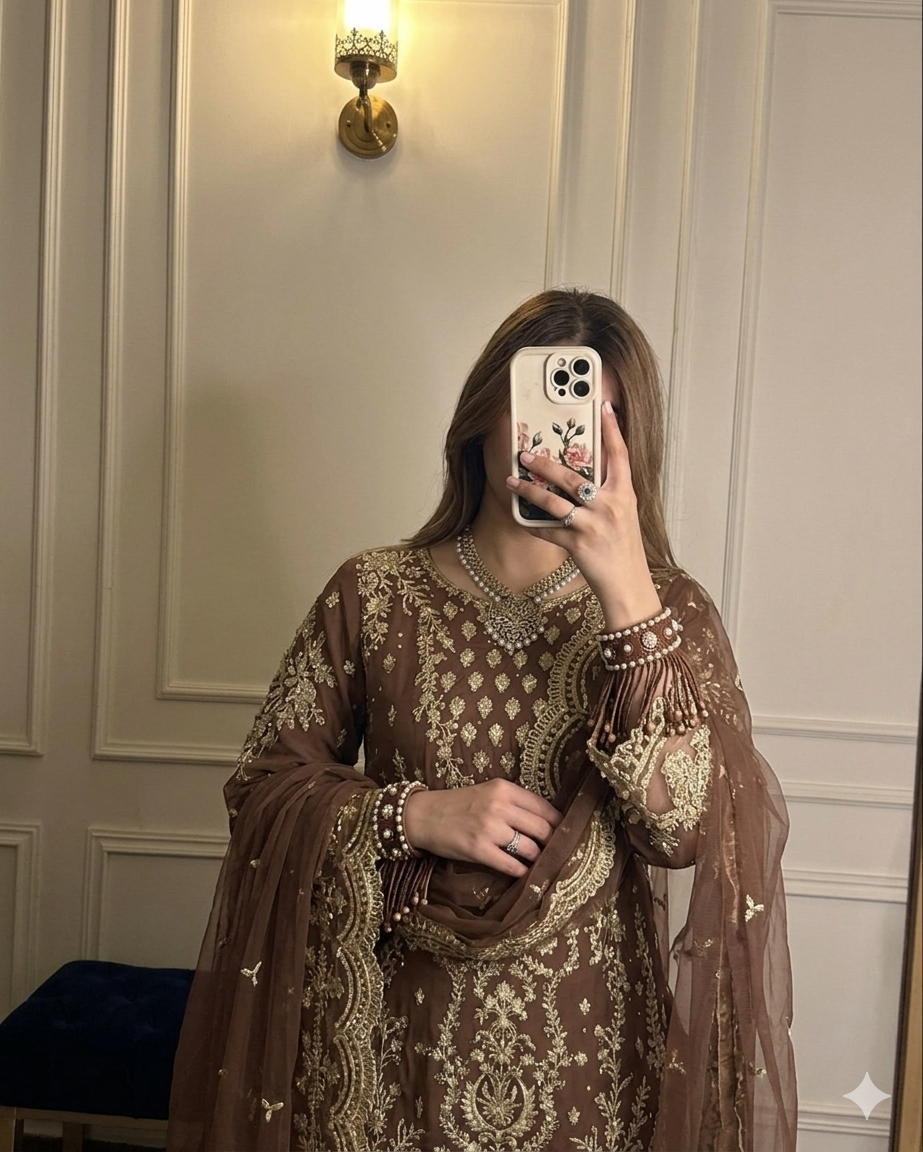 Brown Georgette Kurta Palazzo Set, view 3