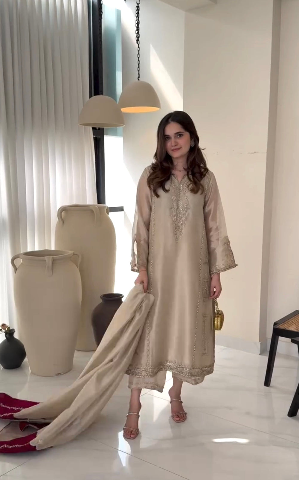 Beige Jimmy Choo Kurta Set with Contrast Dupatta, view 2
