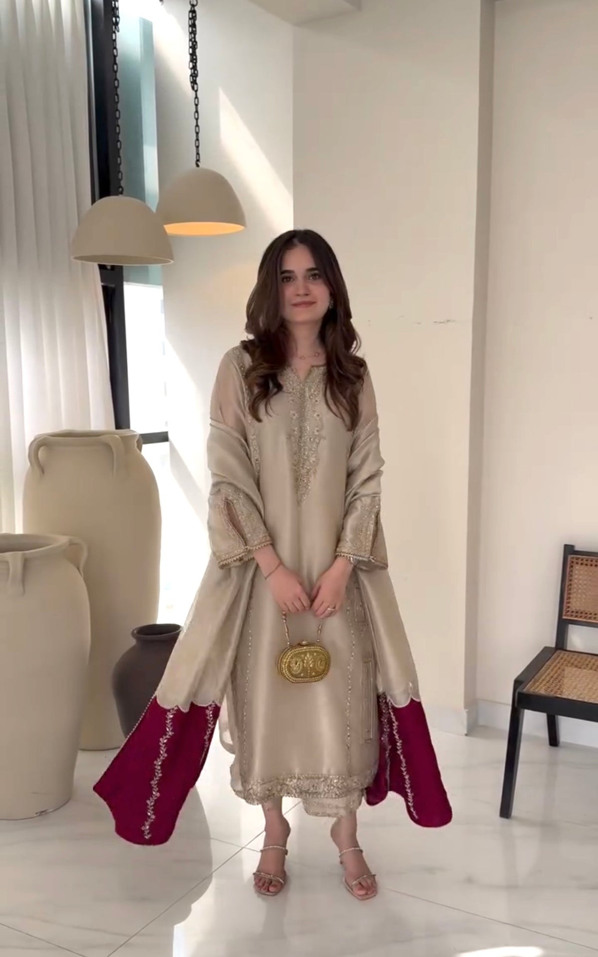 Beige Jimmy Choo Kurta Set with Contrast Dupatta, view 4