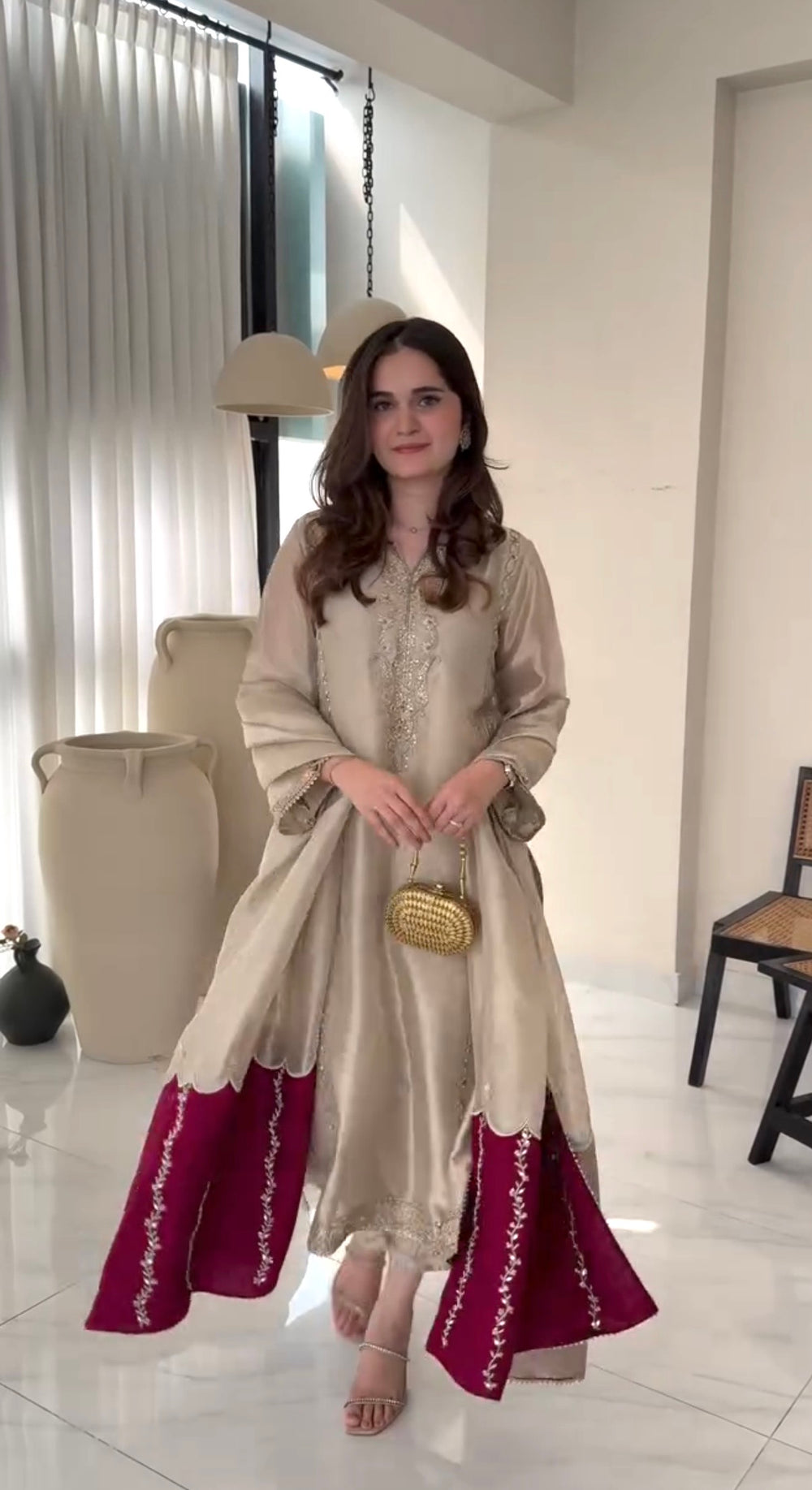 Beige Jimmy Choo Kurta Set with Contrast Dupatta, view 5