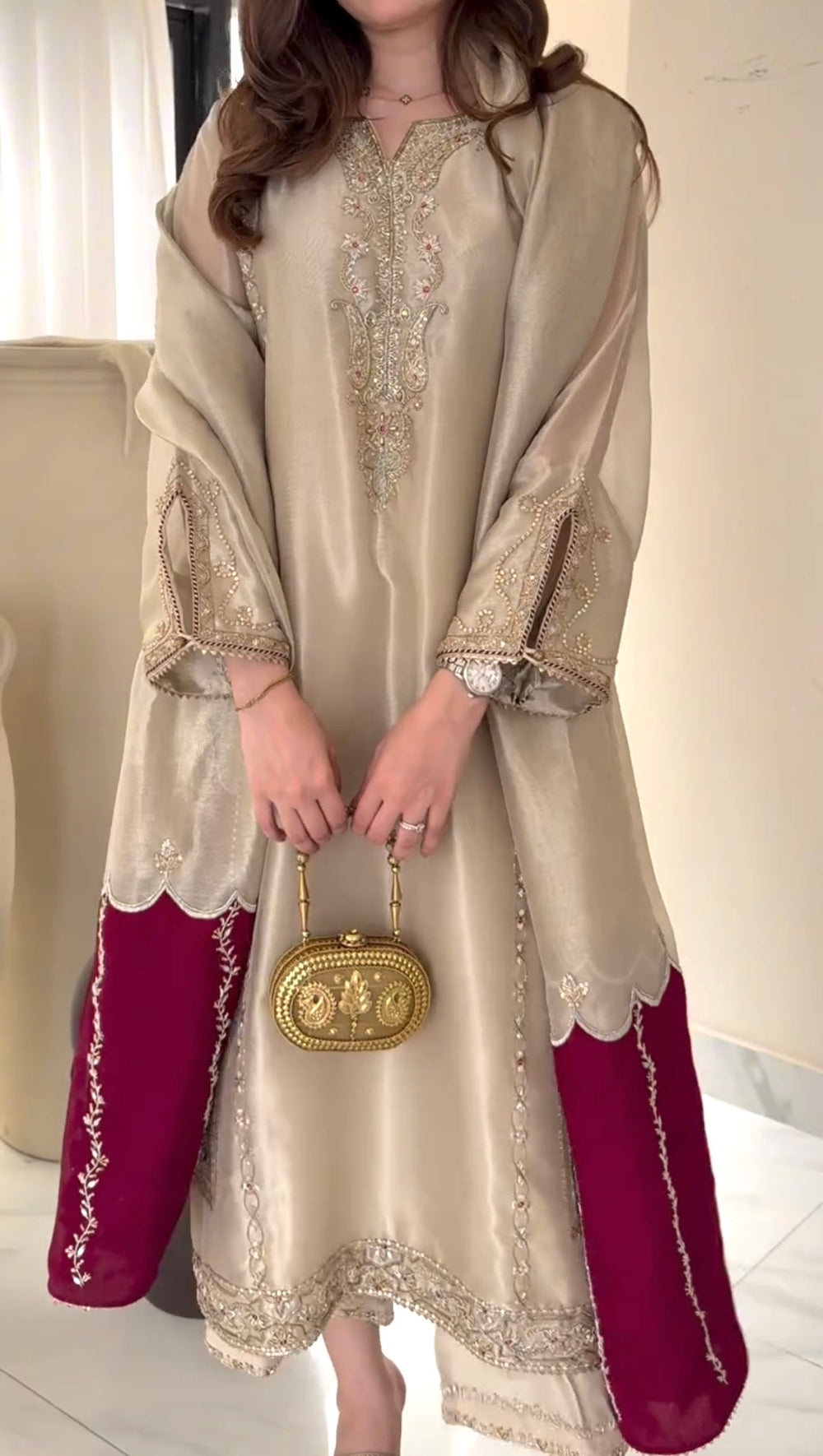Beige Jimmy Choo Kurta Set with Contrast Dupatta