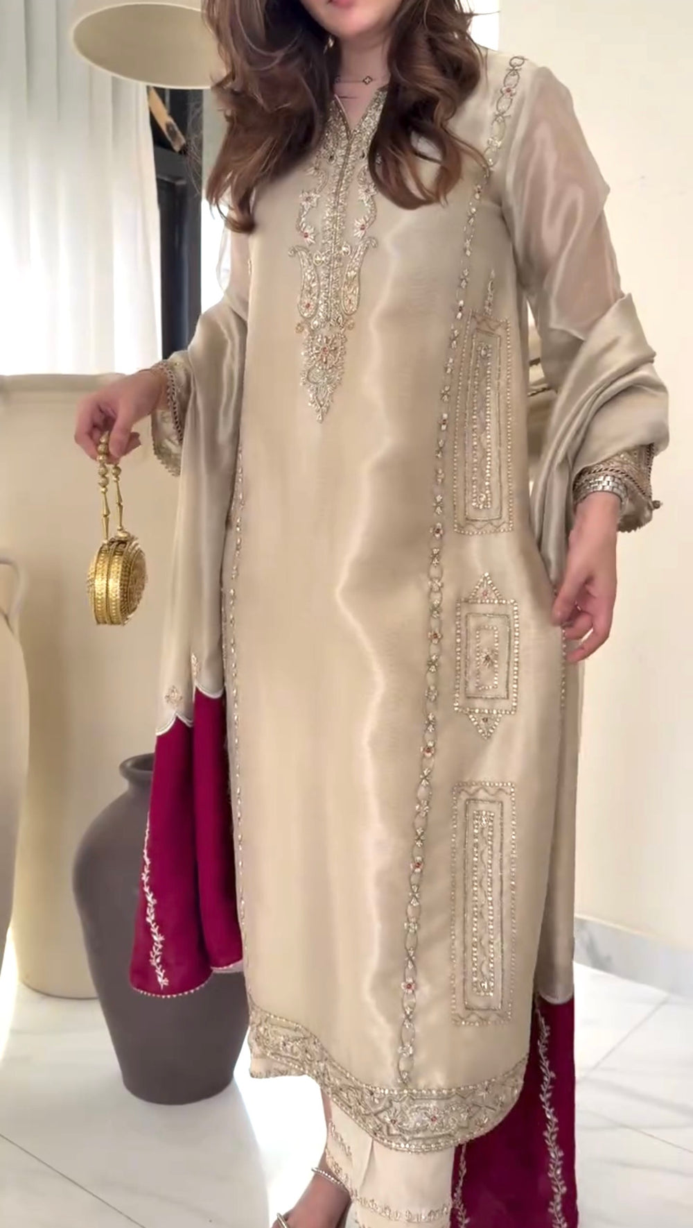 Beige Jimmy Choo Kurta Set with Contrast Dupatta, view 3