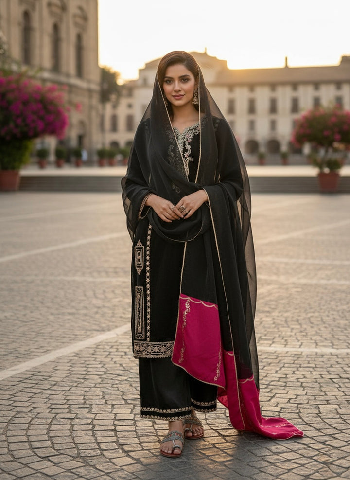 Black Jimmy Choo Kurta Set with Contrast Dupatta
