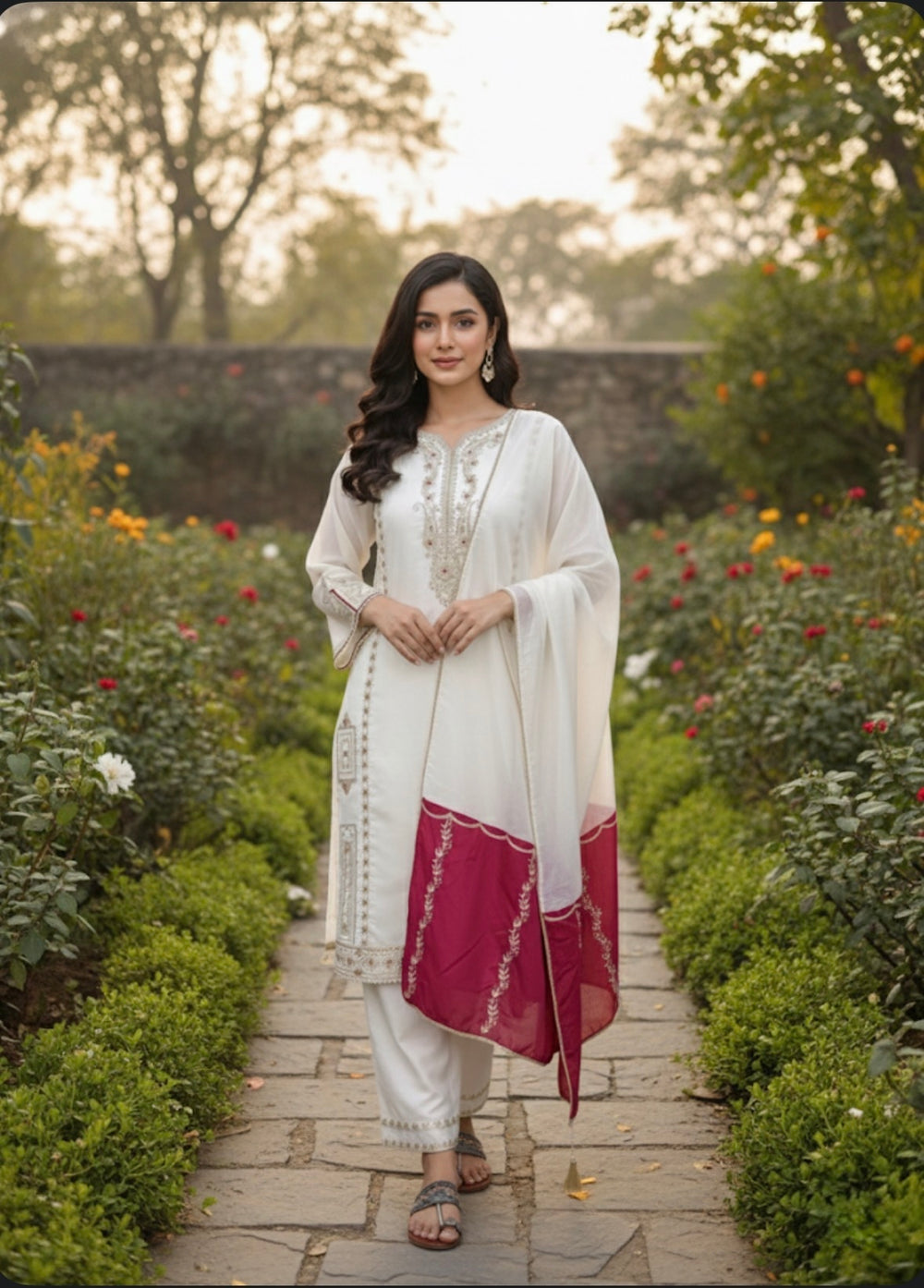 Off-White Jimmy Choo Kurta Set with Contrast Dupatta