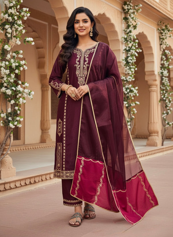 Wine Jimmy Choo Kurta Set with Contrast Dupatta