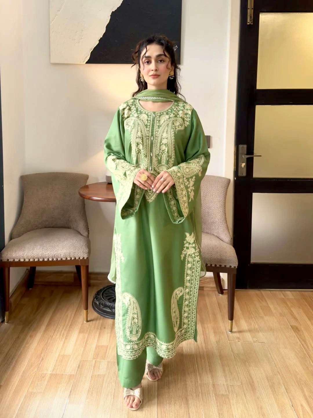 Sage Green Organza Kurta Palazzo Set