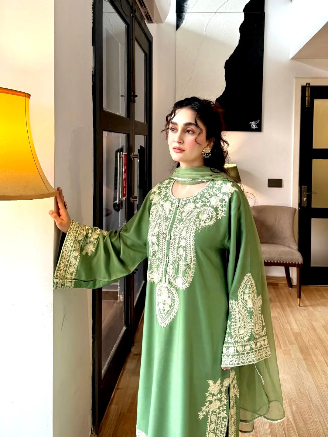 Sage Green Organza Kurta Palazzo Set, view 3