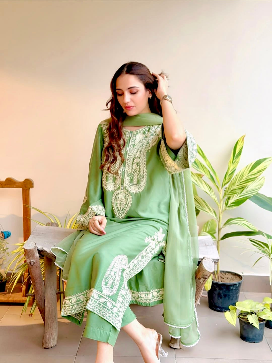 Sage Green Organza Kurta Palazzo Set, view 4