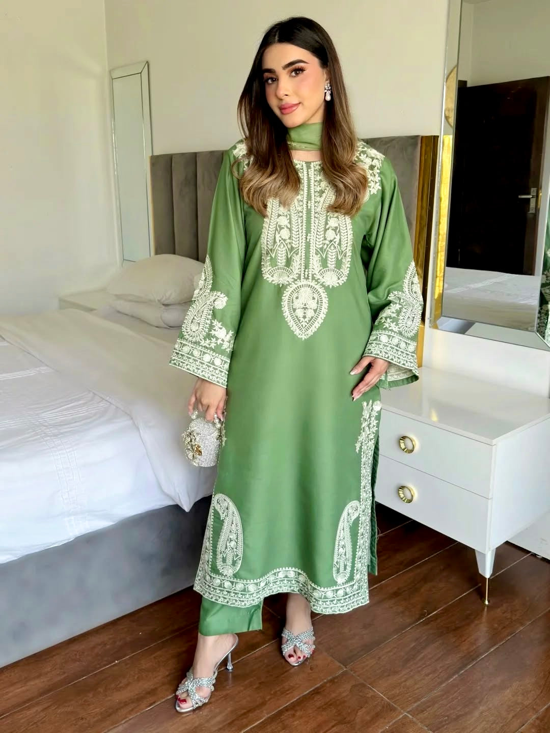 Sage Green Organza Kurta Palazzo Set, view 5