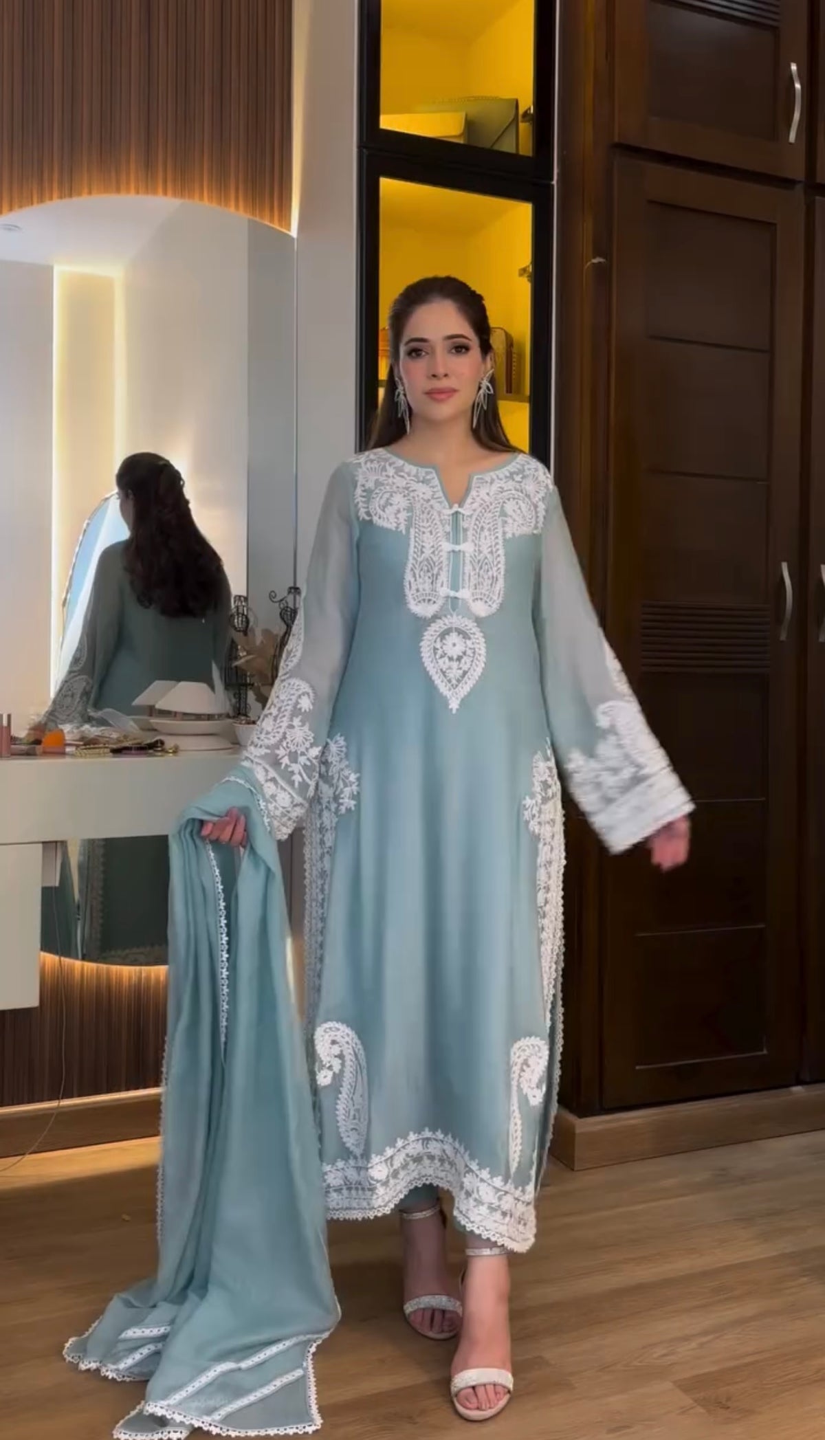 Powder Blue Organza Kurta Palazzo Set, view 2