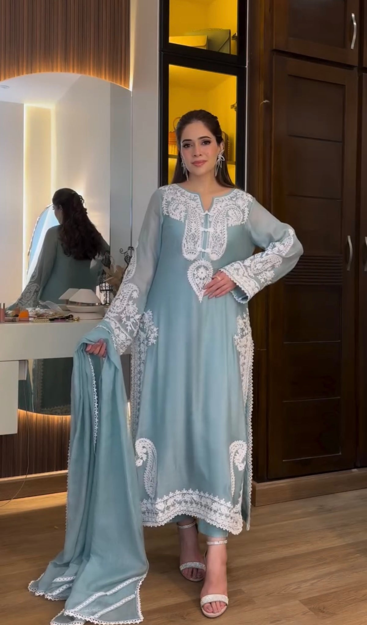 Powder Blue Organza Kurta Palazzo Set, view 3