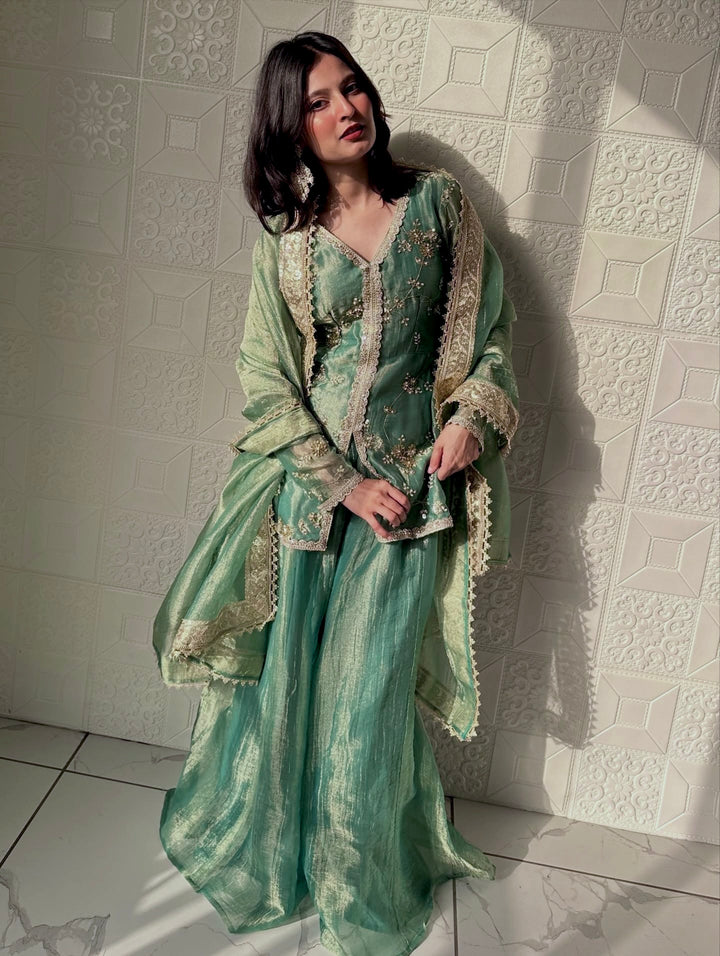Sea Green Fendi Silk Short Kurta Palazzo Set